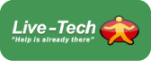Logo for Live-Tech on a green background, featuring italic white text \